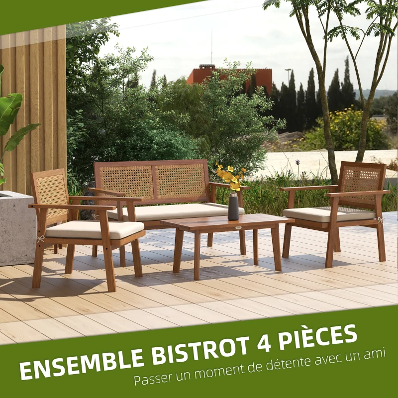 Outsunny Salon de jardin 4 pièces, 2 fauteuils, 1 canapé, 1 table basse, coussins - Style bohème - bois acacia et résine tressée