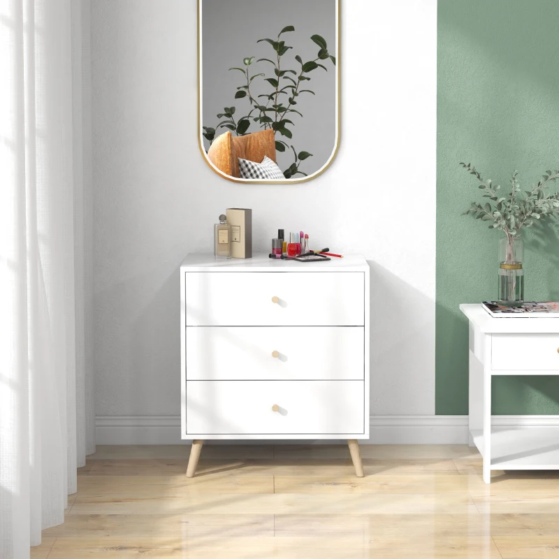 HOMCOM Commode 3 tiroirs Design scandinave Meuble de Rangement Chambre MDF Blanc poignée piètement effilé Bois Massif de pin