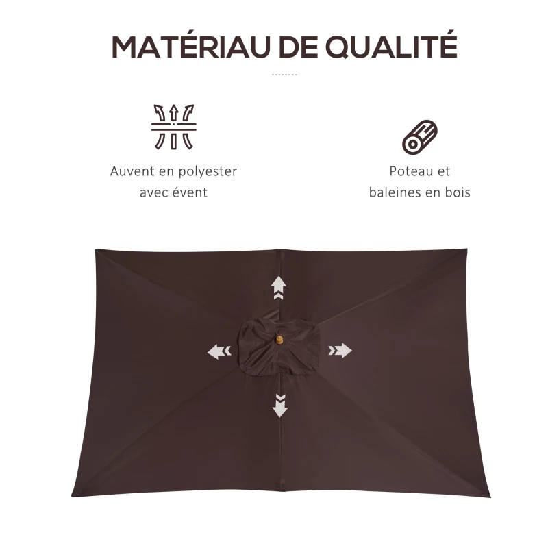 Outsunny Parasol Droit parasol de jardin double toit Hexagonal Bois Polyester Haute densité 3 x 2 m Chocolat