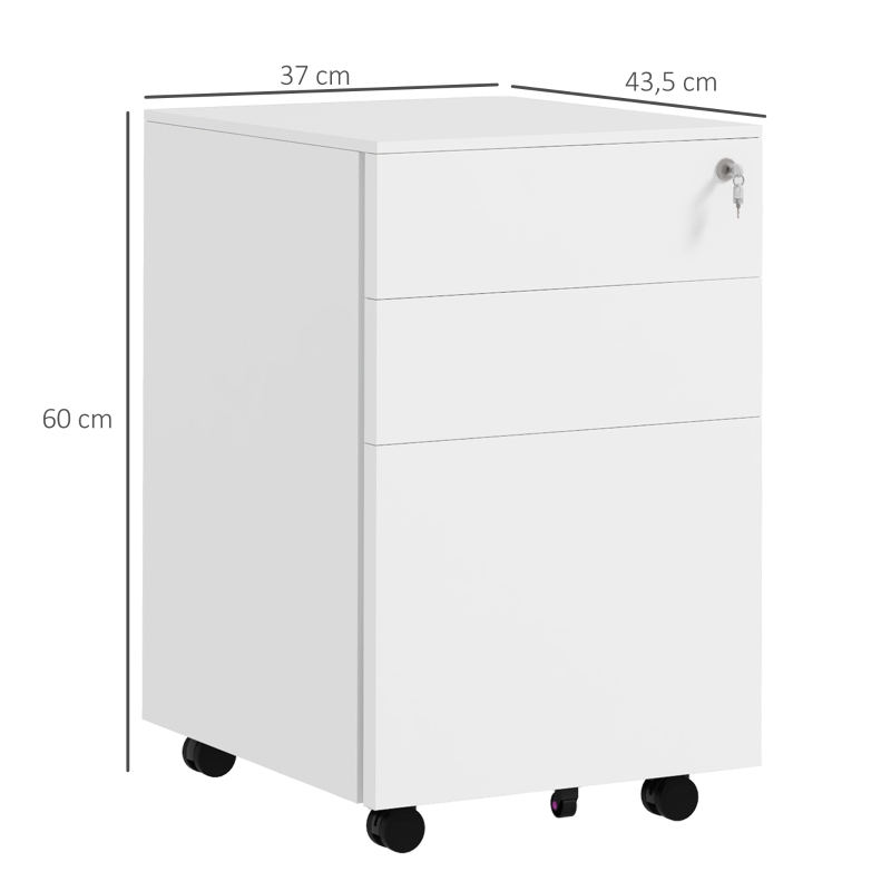 Vinsetto Caisson 3 tiroirs coulissants rangement bureau sur roulettes verrouillable trieur à dossiers 37 x 43,5 x 60 cm blanc
