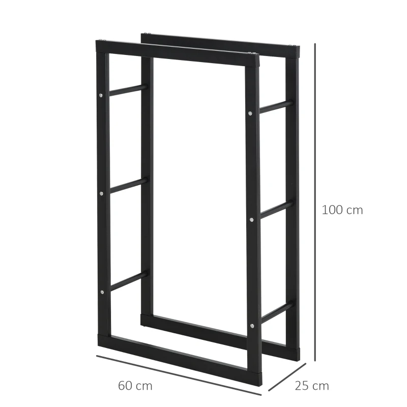HOMCOM Kaminholzregal Metall 60 x 25 x 100 cm Brennholzregal Stapelhilfe Stahlrahmen bis 100kg Kaminholzunterstand Outdoor Holzregal Feuerholzregal für Garten Terrasse Außen Schwarz