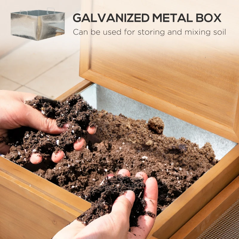 Outsunny Wooden Spacious Garden Potting Table with Large Storage Space Galvanized Metal Workstation with Metal Sieve Screen, Sink Shelves and Hooks Garden Work Bench 80L x 42W x 142H cm