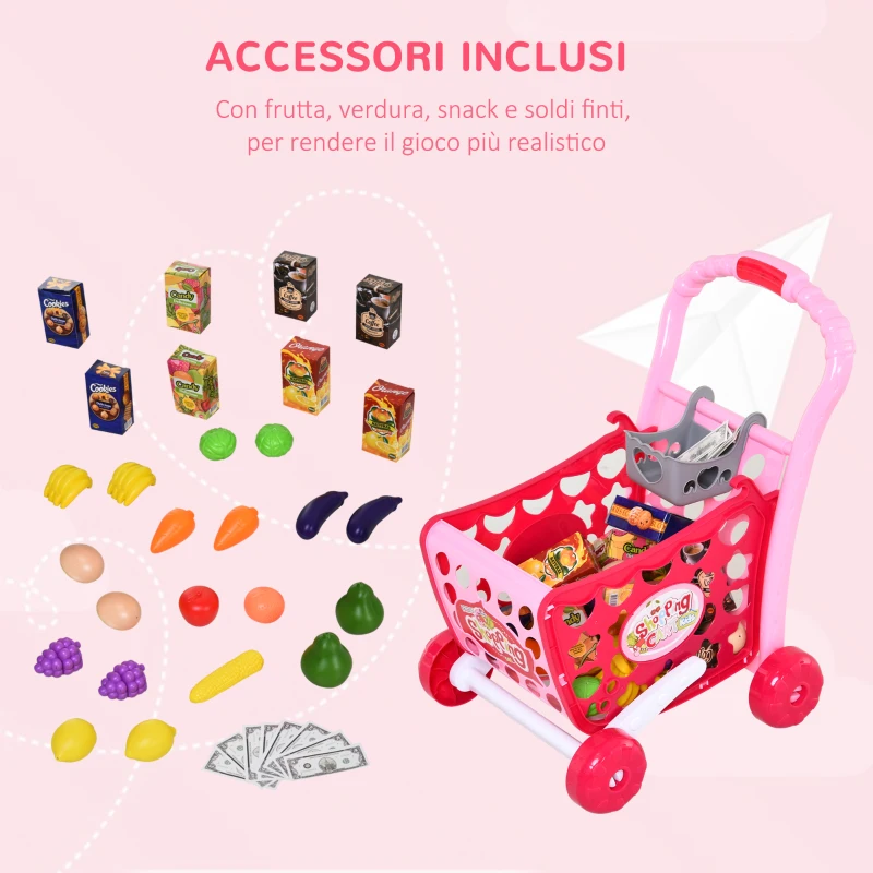 HOMCOM Carrello della Spesa per Bambini In Tre Modalità per Bambini +3 Anni, Carrello Giocattolo per Bambini con 38 Accessori Inclusi, Suoni e Luci Divertenti, Rosa