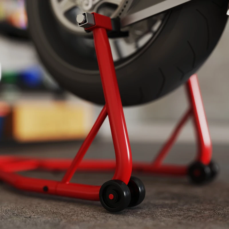 HOMCOM Caballete de Moto Soporte Posterior Universal Portátil y Móvil Tipo Elevador de Acero con 2 Horquillas y Ruedas 80x50x40 cm Color Rojo