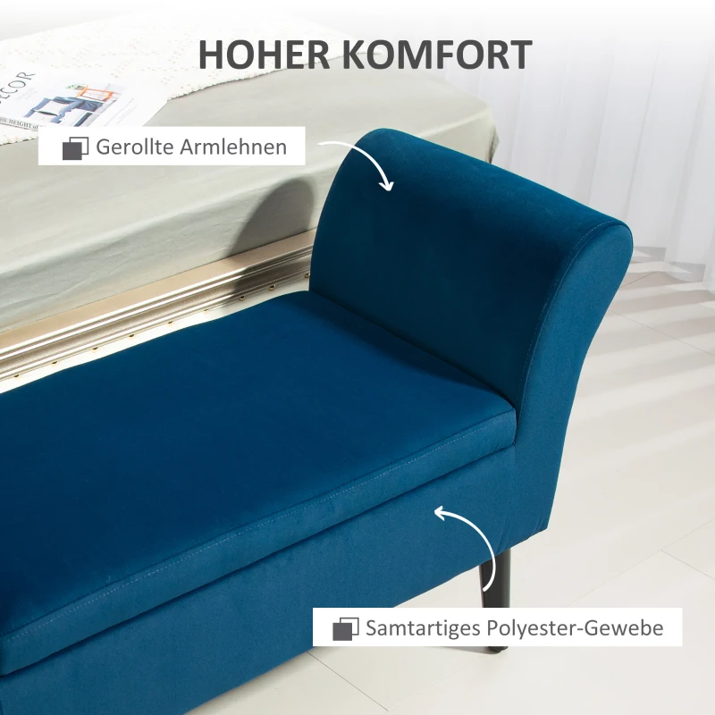 HOMCOM Polsterbank mit Stauraum, Truhenbank mit Armlehnen, 46 cm Sitzhöhe, samtartiges Polyester, 111,5 x 41 x 65 cm, Blau