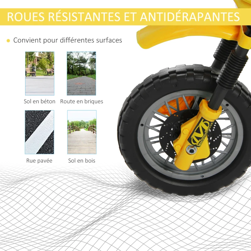 HOMCOM Moto électrique enfants, moto cross pour enfants avec batterie 6 V, phares, musiques et roues d'entraînement, 3 à 6 ans, charge 25KG, jaune et noir