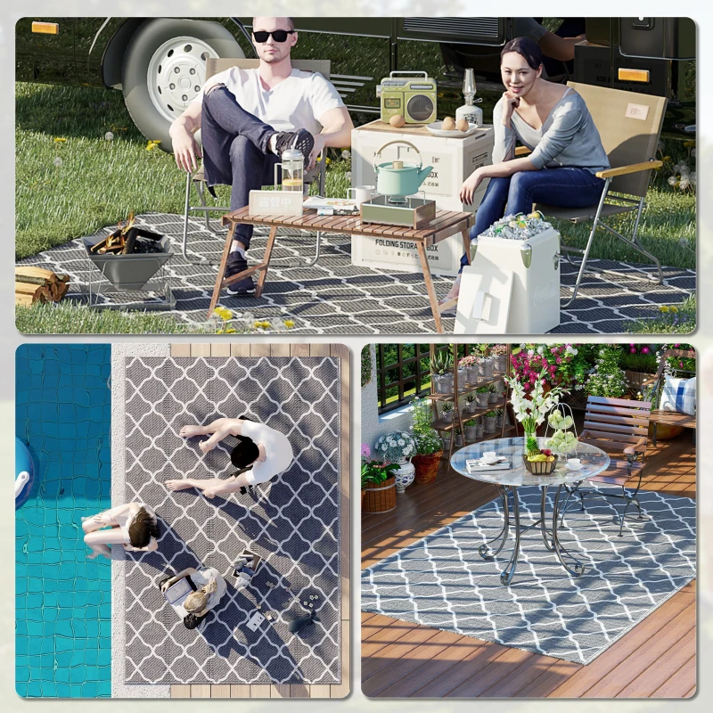 Outsunny Alfombra Exterior Reversible 182x274 cm de Plástico Impermeable para Terraza Patio Camping Playa Gris y Blanco