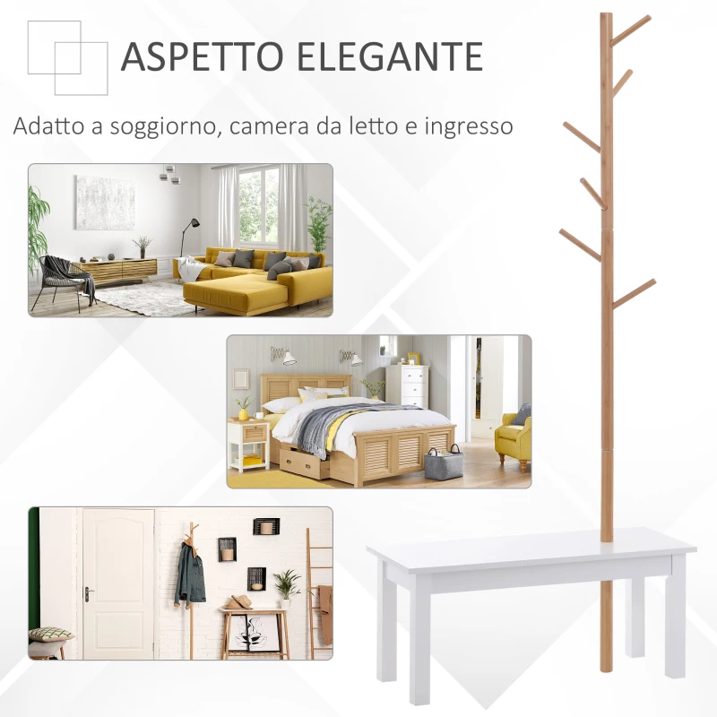 HOMCOM Panca con Appendiabiti da Ingresso, Attaccapanni da Terra in Bambù, Panca da Ingresso Bianca, Design, anche per Camera da Letto, 80x30x180cm, Bianco Legno