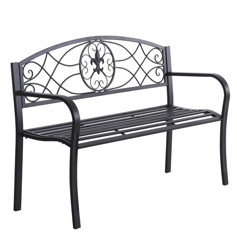 Outsunny 2-Sitzer Sitzbank Gartenbank mit Armlehnen Metallbank Bank Landhausstil Metall Schwarz 129 x 50 x 91 cm