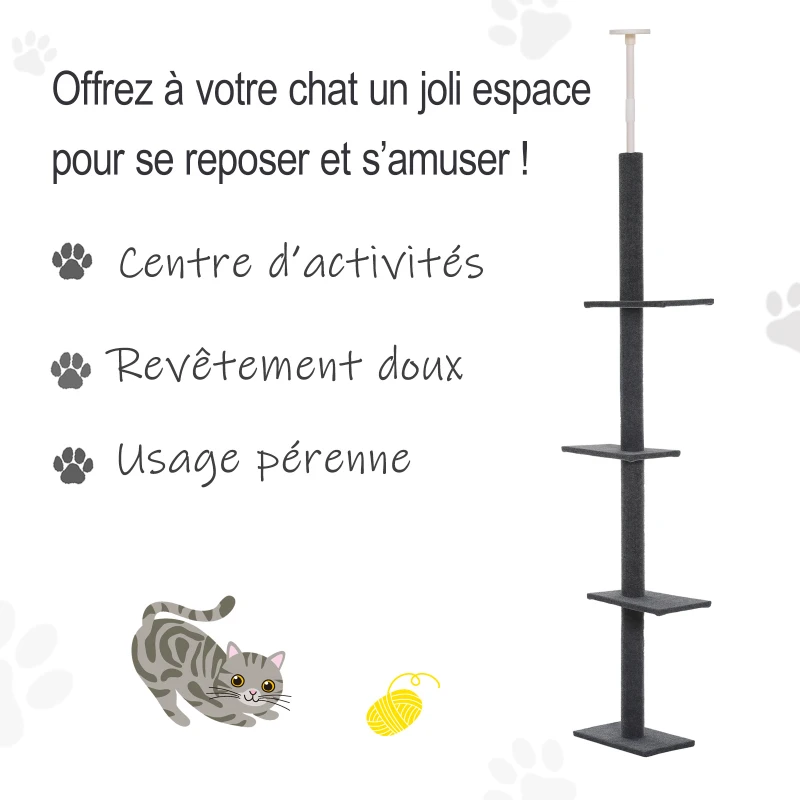 PawHut Arbre à chat poteau à griffer hauteur réglable dim. 43L x 27I x 228-260H cm 4 niveaux d'activités gris