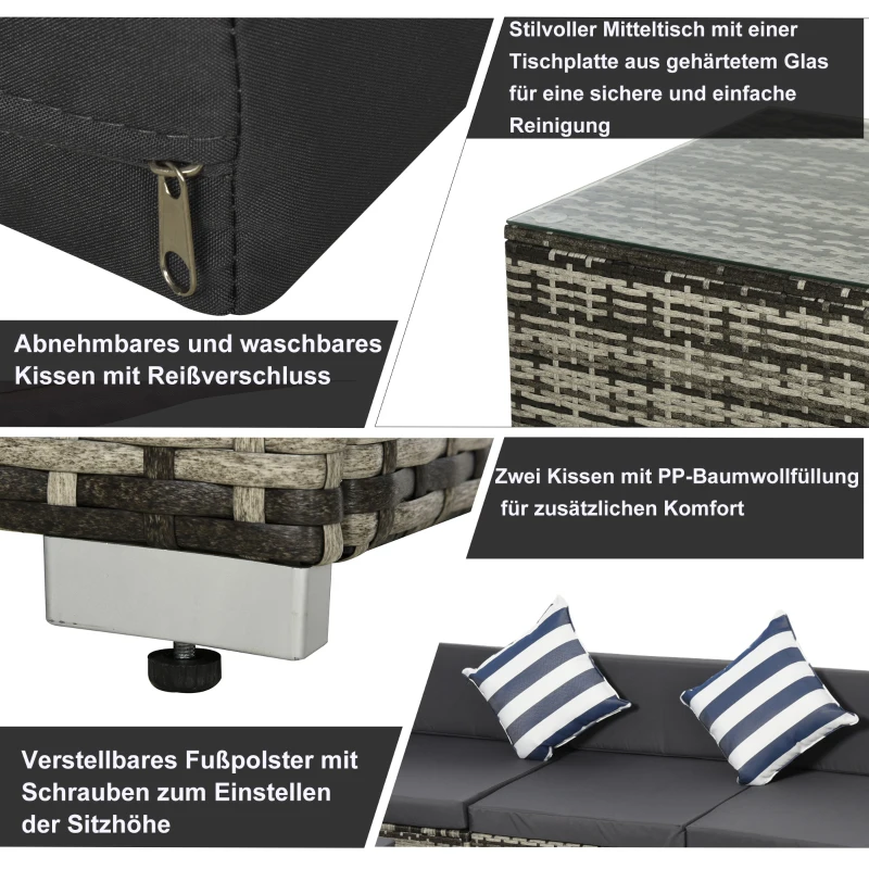 Outsunny Gartenmöbel-Set aus PE-Rattan, Rattan-Lounge-Set, inkl. Kissen  u. Polstern,  Grau
