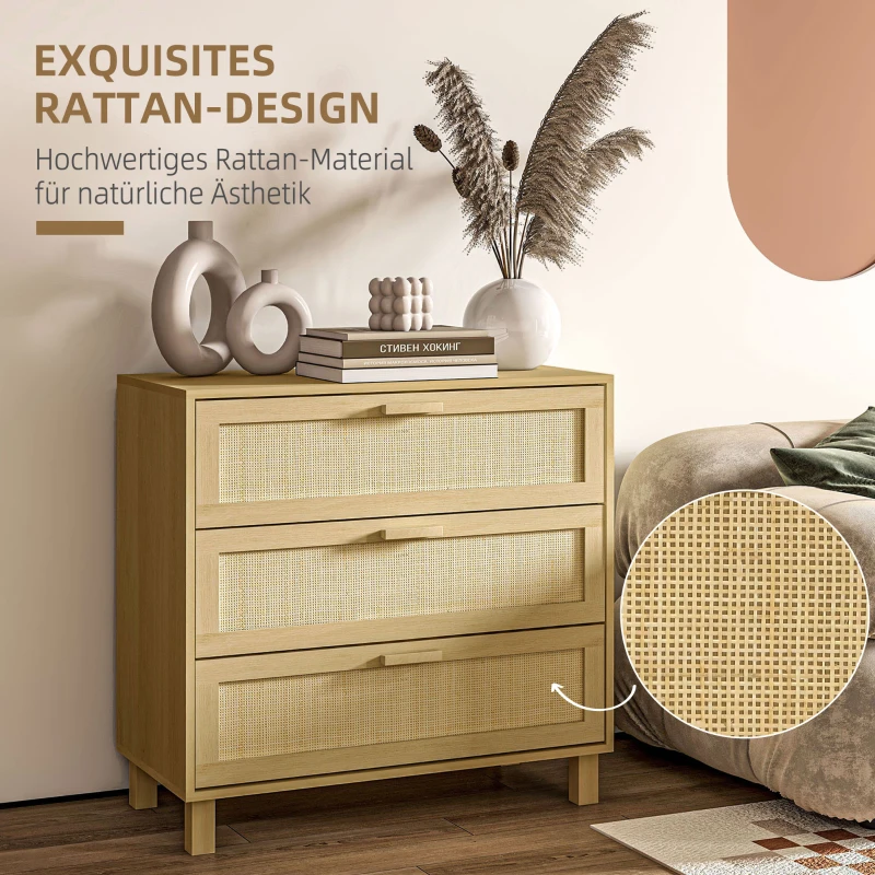 HOMCOM Kommode, Sideboard, Rattandekor, 3 Schubladen, robust, 80x40x80cm, Holzoptik