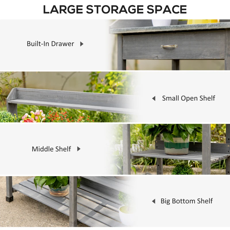 Outsunny Garden Potting Table with Storage, Workbench, Metal Top, Storage Shelves & Hooks for Patio, Courtyard, Wooden