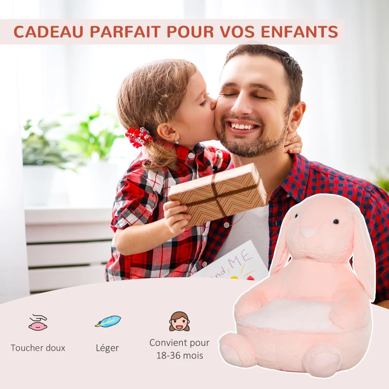 HOMCOM Fauteuil Enfant Lapin dim. 60L x 50l x 59H cm garnissage Moelleux Coton revêtement Peluche Douce Courte Rose