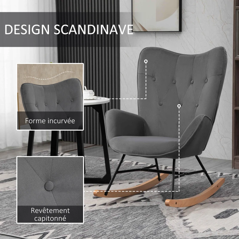 HOMCOM Fauteuil à Bascule Oreilles Rocking Chair Grand Confort accoudoirs Assise Dossier garnissage Mousse Haute densité Gris