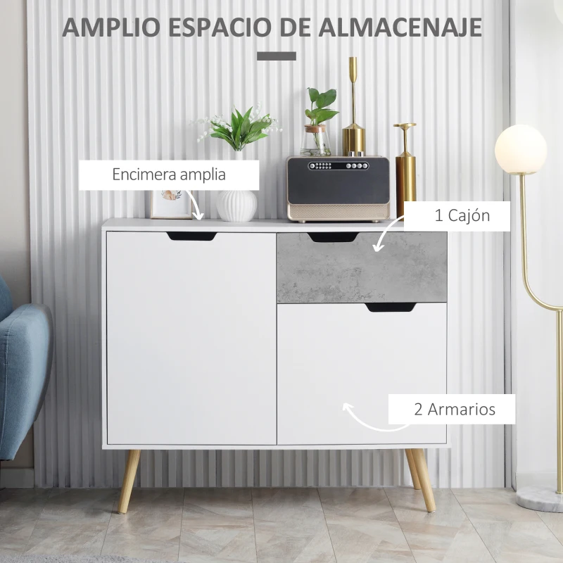 HOMCOM Aparador de Cocina con 2 Puertas y 1 Cajón Estilo Moderno con Patas Inclinadas 98x39x81,5 cm Blanco y Gris