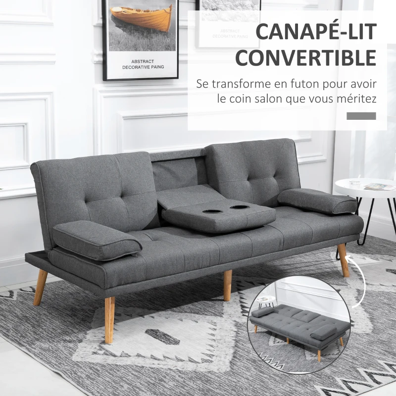 HOMCOM Canapé convertible 3 places, canapé-lit rembourré avec dossier réglable 3 niveaux, 2 coussins et 2 porte-gobelets intégrés, tissu de lin, pour salon, chambre d'amis, petit espace, gris foncé