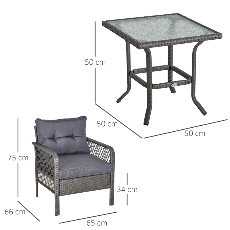 Outsunny Conjunto de Muebles de Ratán Juegos de 3 Piezas de Jardín 2 Sillones 65x66x75 cm y Mesa de Vidrio Templado 50x50x50 cm con Cojines Acolchados para Terraza Patio Gris