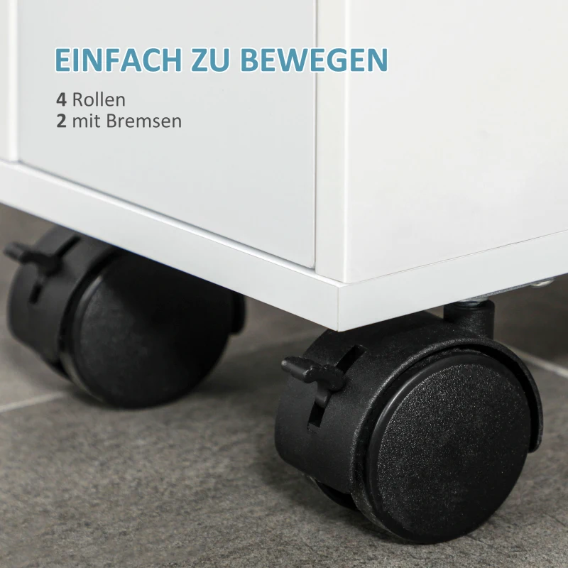 kleankin Badschrank, Rollschrank, schmales Design, zwei Schubladen, vier Räder, weiß, 16 x 49,5 x 66 cm