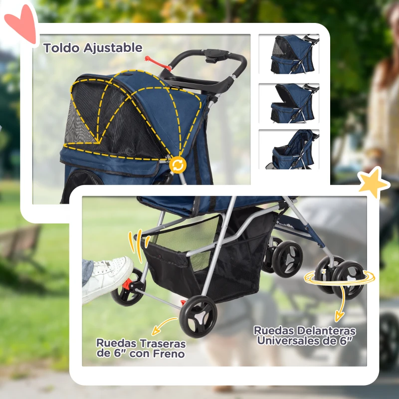 PawHut Carrito para Perros con Toldo Ajustable Cesta de Almacenaje y Ruedas con Freno Tela Oxford 75x46x94 cm Azul Oscuro