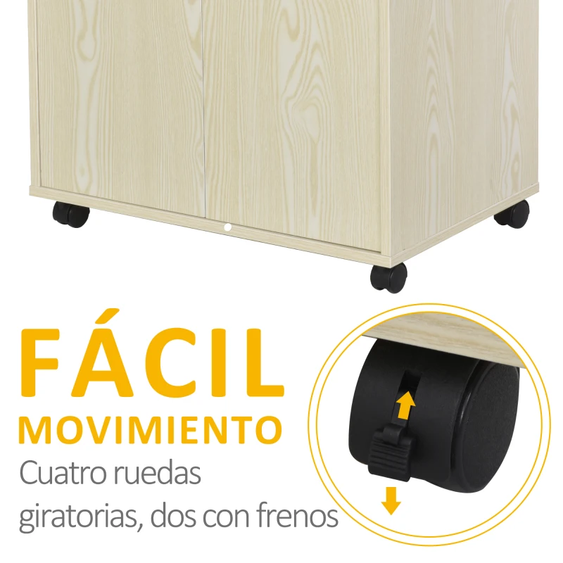 HOMCOM Aparador Auxiliar para Microondas Armario Bajo de Cocina con Armario de 2 Puertas y Estante Ajustable con Ruedas Carga 70 kg 60,4x40,3x97 cm Roble