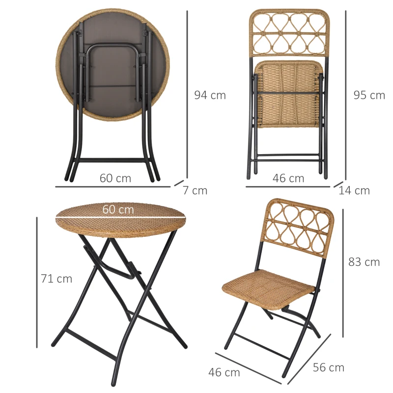 Outsunny Polyrattan Sitzgruppe für 2 Personen Bistroset Balkonmöbel Set Klappbar Natur