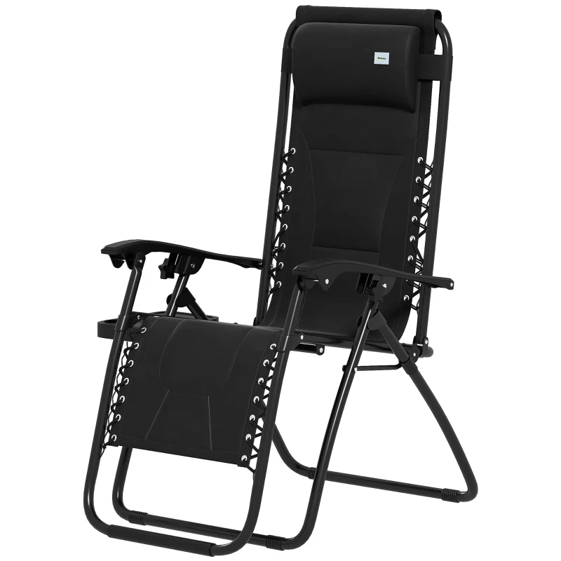 Outsunny Zero Gravity Lounger Chair, Folding Reclining Patio Chair with Padded Seat, Cup Holder, Soft Cushion and Headrest for Poolside, Camping, Black