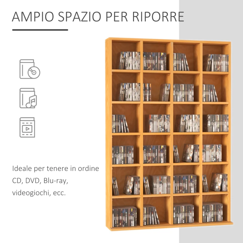 HOMCOM Mobile Porta CD con Ripiani Regolabili, Scaffale Porta 456CD/336DVD Salvaspazio in Legno, Mobile Portacd con 24 Scomparti, per Soggiorno, Camera da Letto, Ufficio, 89x20x130.5 cm, Color Faggio