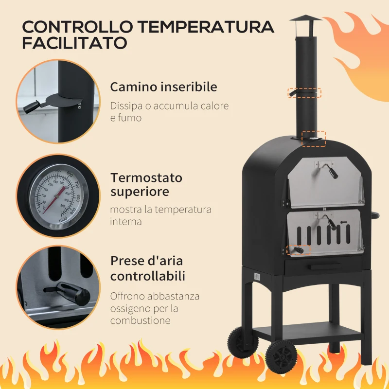 Outsunny Forno per Pizza e Barbecue a Carbone Portatile in Acciaio con Camino e Ruote, 63x54x161 cm, Nero