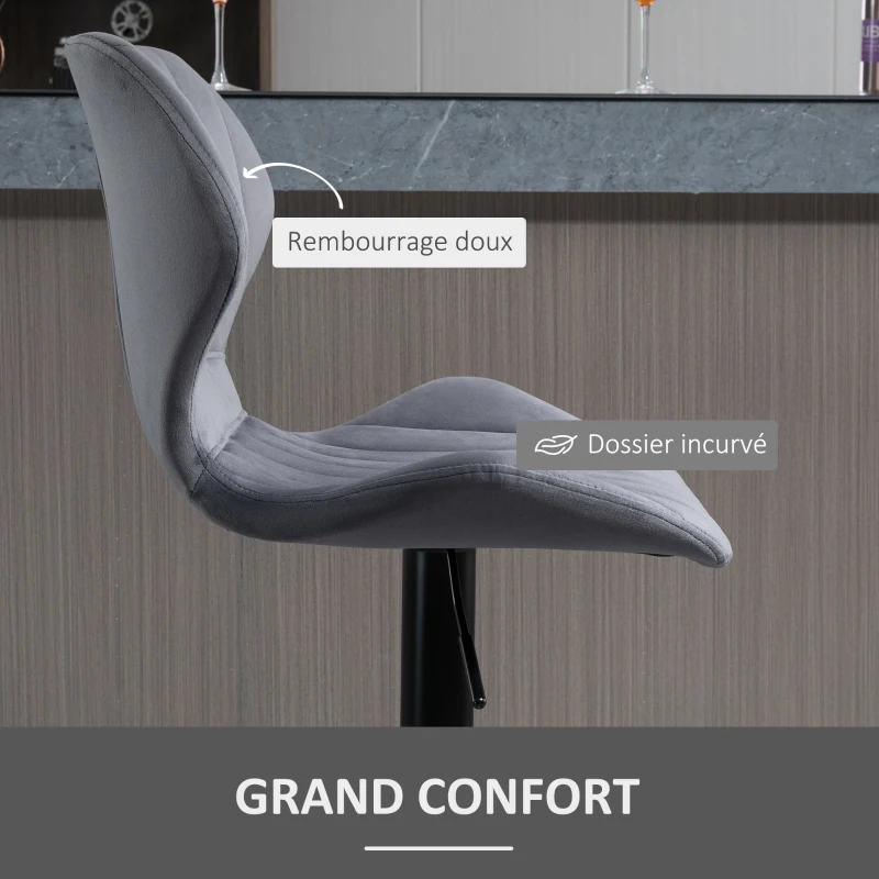 HOMCOM Lot de 2 Tabouret de Bar Design Contemporain Hauteur d'assise réglable 60-82 cm pivotant 360° Repose-Pied Velours Gris