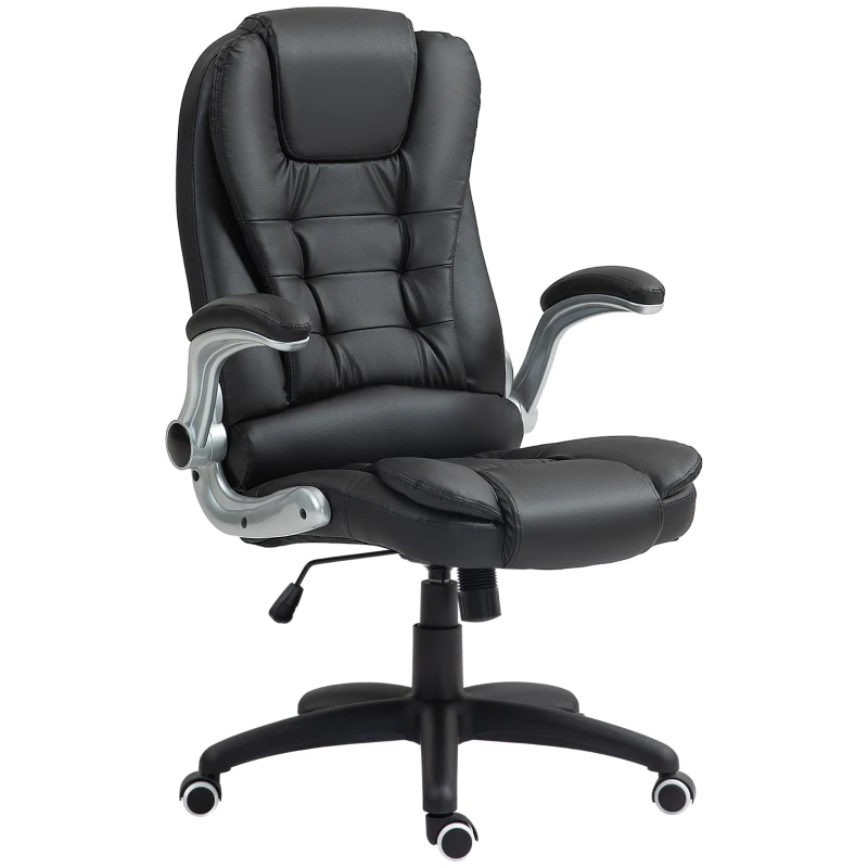 HOMCOM Sedia da Ufficio in Finta Pelle PU con Braccioli Ribaltabili, Schienale Alto e Dondolo, Nero