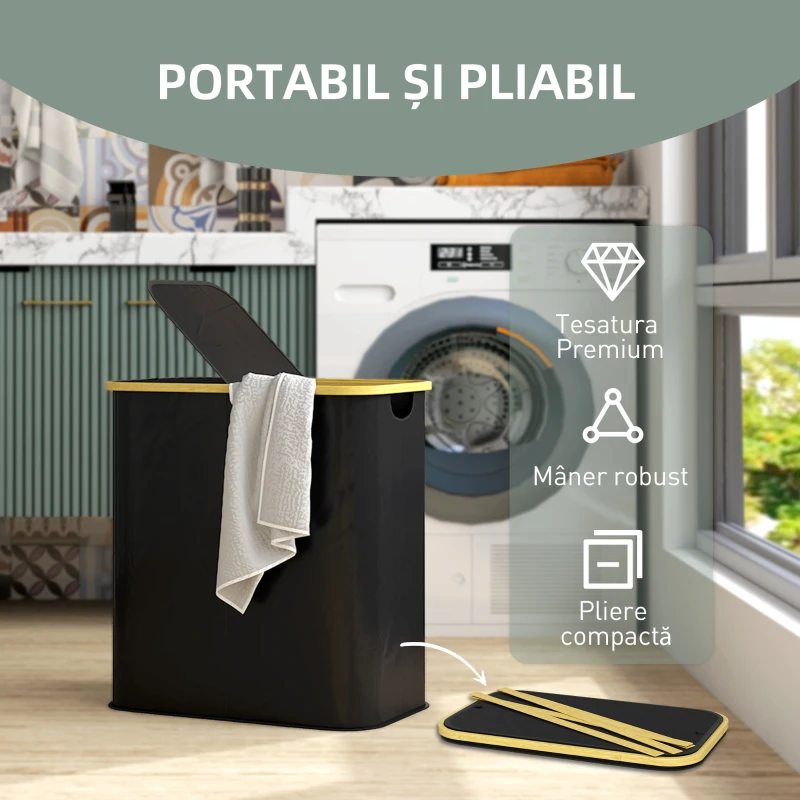 HOMCOM Coș pentru Rufe de 80L cu 2 Secțiuni și Capac din Material Textil și Bambus, 54x34x58,5 cm, Negru