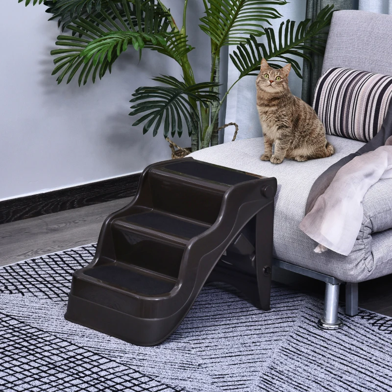 PawHut Scaletta Pieghevole per Cani e Gatti 3 Gradini Plastica PP 49 × 39 × 39cm Marrone