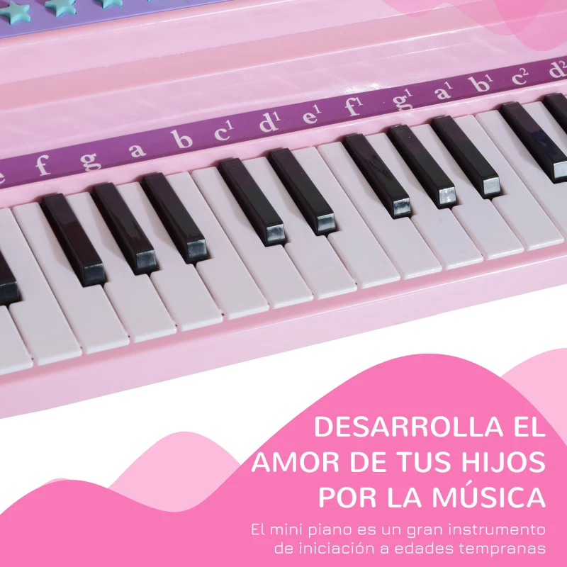 HOMCOM Piano Infantil 37 Teclas Teclado Electrónico Piano para Niños con Micrófono Taburete Luces y 22 Canciones USB/MP3 Karaoke Modo de Enseñanza Rosa