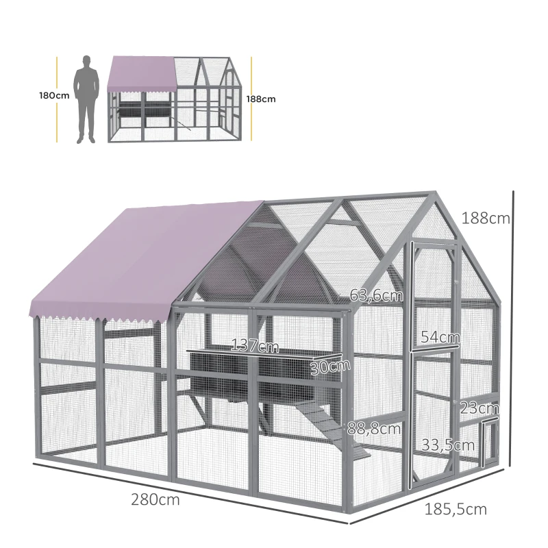 PawHut Hühnerstall Hühnerhaus Hühnerhütte, begehbar, wetterbeständig, 280 x 185,5 x 188 cm, Grau
