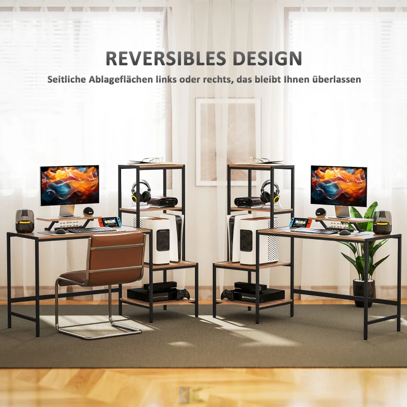 HOMCOM Biurko komputerowe z podwyższeniem monitora, 4-poziomowymi półkami, design industrialny, Brązowe