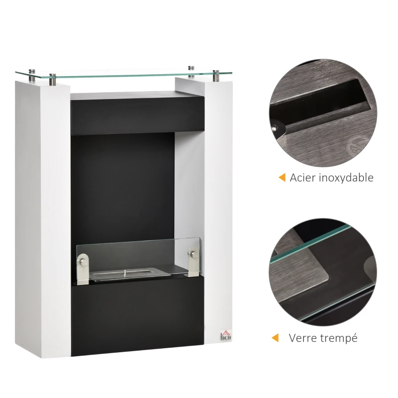 HOMCOM Cheminée bioéthanol brûleur 1,5 L avec plateau de rangement en verre trempé, 3 h de durée de combustion, Dims. 60*20*79cm, Contrôle de Flamme et Crochet Inclus - Acier Noir et Blanc