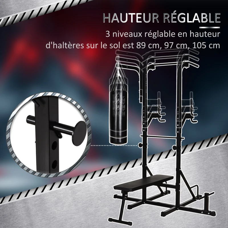 HOMCOM Station de musculation Fitness entrainement complet - barre de traction, à dips, banc de musculation pliable, poignées push-up, sac de frappe - acier noir