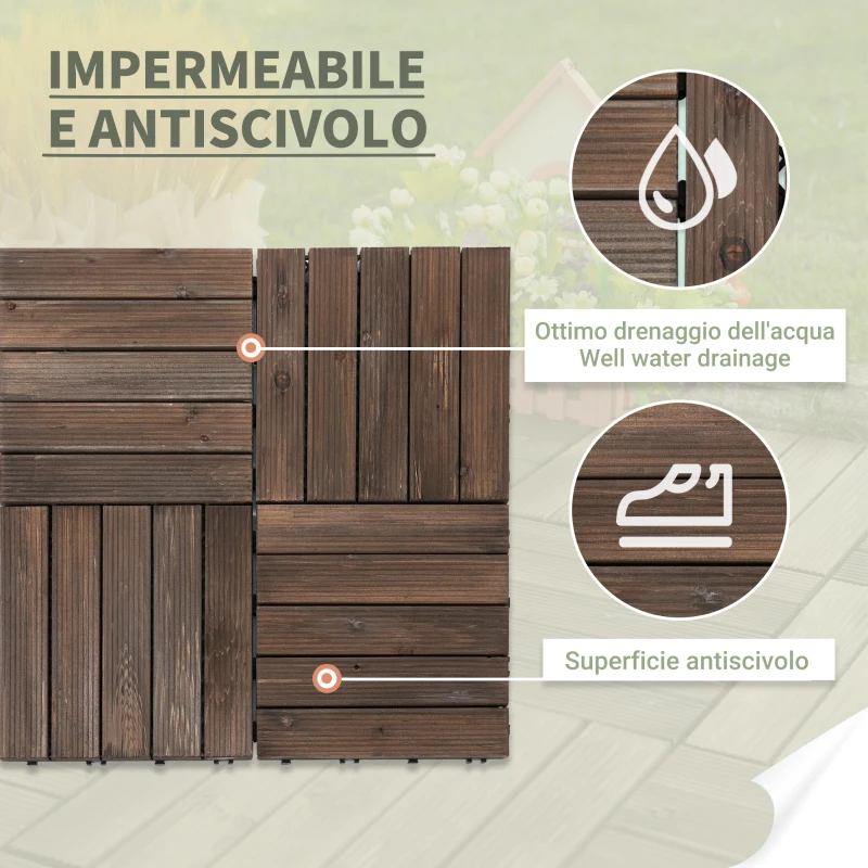 Outsunny Piastrelle per Esterni Pavimento in Legno, Set 27 Pezzi Montaggio a Incastro, 30x30x2.5 cm