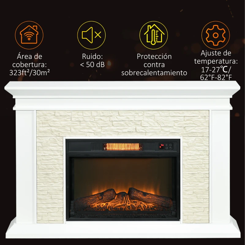 HOMCOM Chimenea Eléctrica con Calefacción 1800W Efecto de Llama con Control Remoto Temporizador 120x24x80 cm Blanco