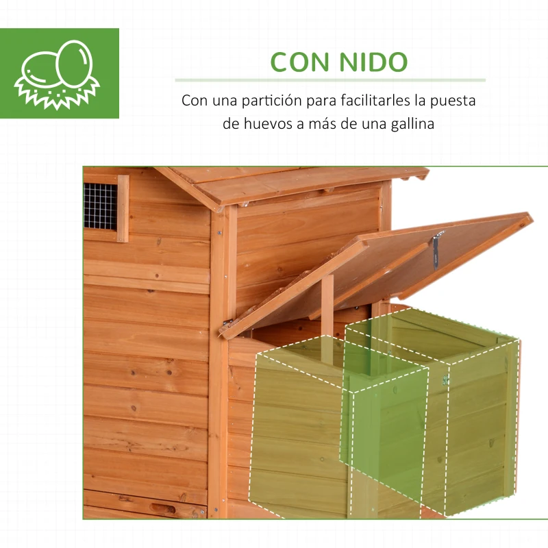 PawHut Gallinero Exterior con Ruedas 210x90x130 cm Jaula para Gallinas de Madera con Corral de Metal Techo Abatible Natural