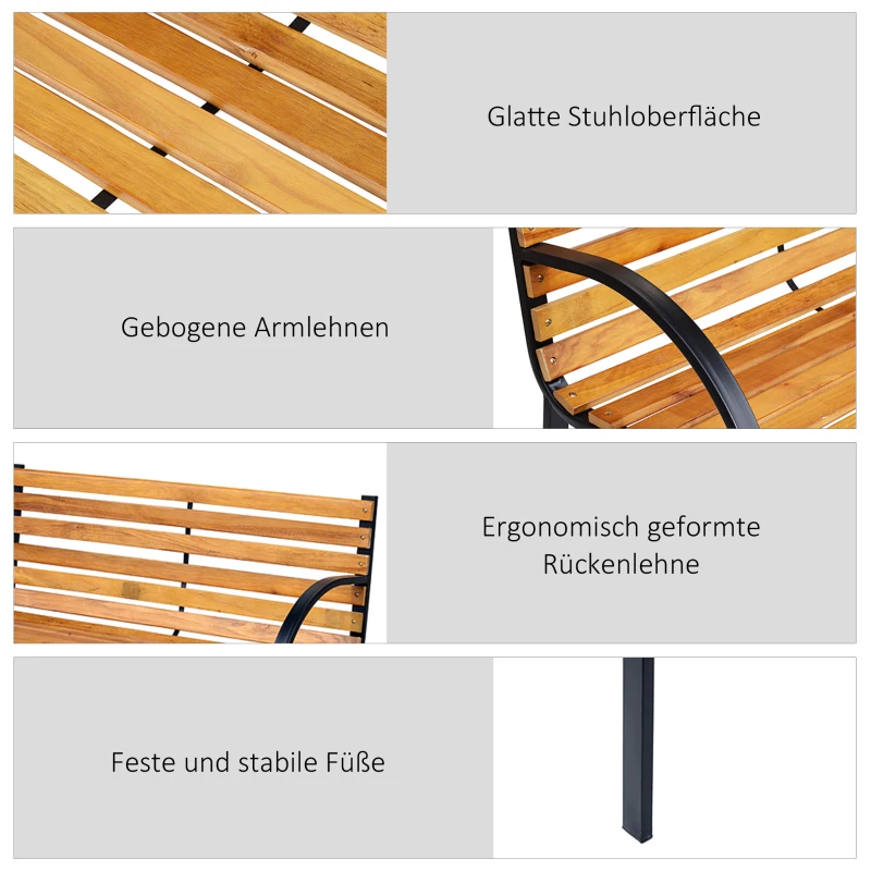 Outsunny Gartenbank Sitzbank Parkbank 2-Sitzer Garten Stahl+Kiefernholz Natur B122 x T60 x H83 cm