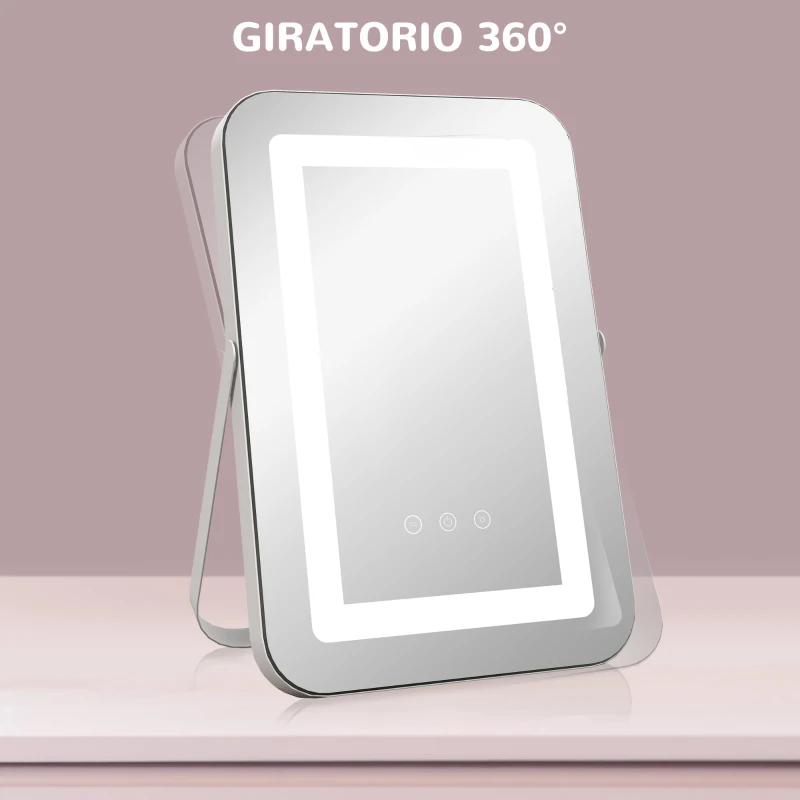 HOMCOM Espejo Tocador Giratorio 30x40 cm con 3 Modos de Iluminación Ajustables Interruptor Táctil Espejo de Aumento Blanco