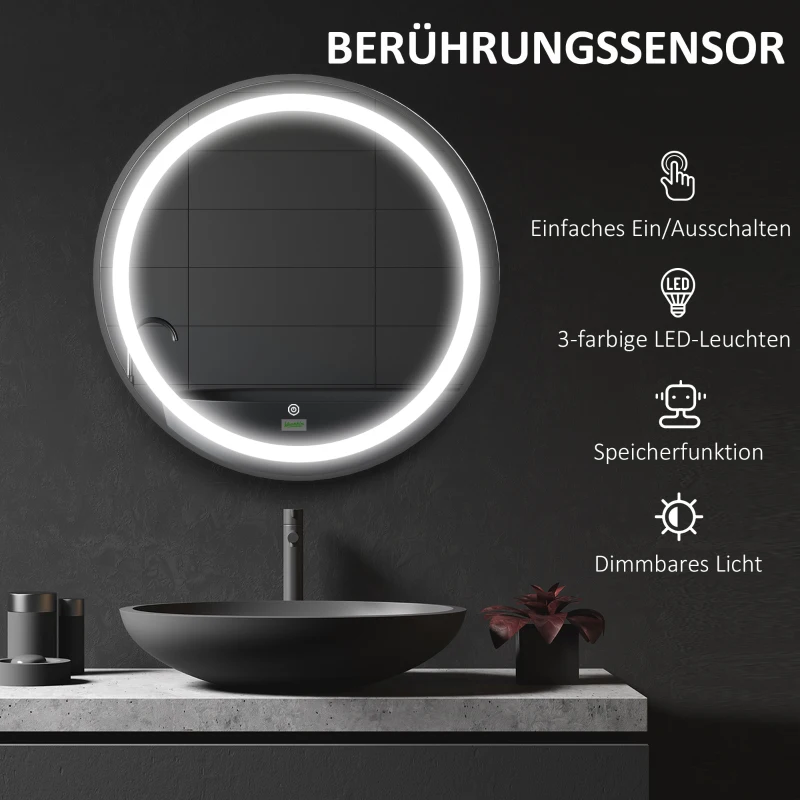 kleankin Badezimmerspiegel, LED-Beleuchtung, dimmbar, 3 Lichtfarben, Metallrahmen, Ø60 cm, Schwarz