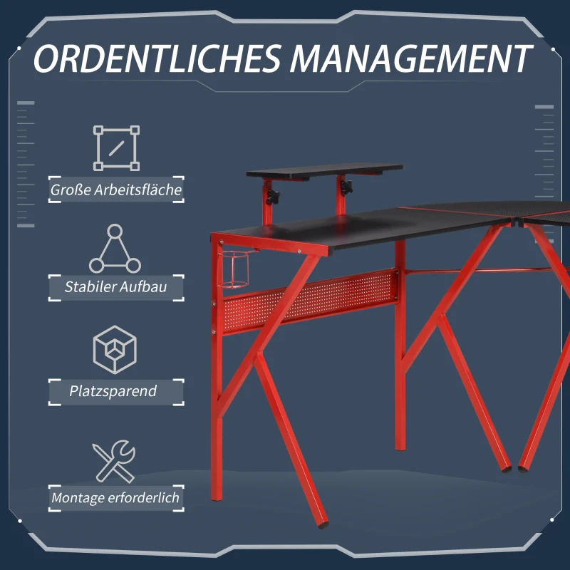 HOMCOM Computertisch mit höhenverstellbarer Monitorablage Schreibtisch mit Becherhalter Kopfhörerhaken L-förmiger Bürotisch mit K-Förmiger Beine Spanplatte Metall Schwarz+Rot 125 x 125 x 75 cm