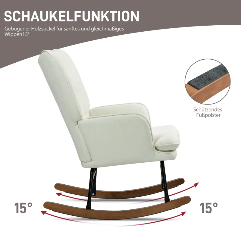 HOMCOM Schaukelstuhl mit Hocker, sanftes Schaukelsystem, Leinenimitat, 64 x 89 x 90 cm, Cremeweiß