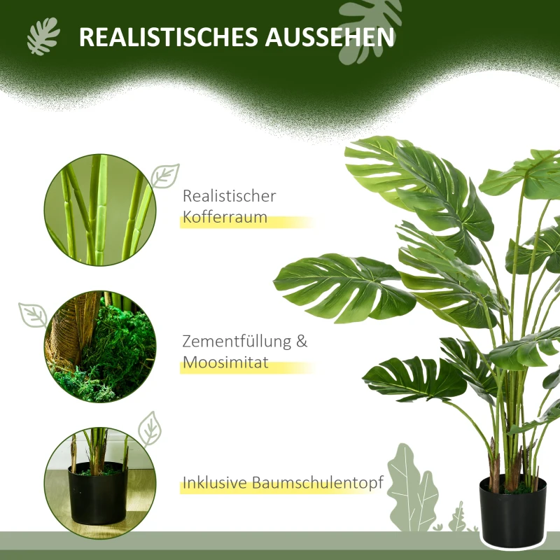 HOMCOM Kunstpflanze Realistische Kunstpflanze Monstera Deliciosa,1 Übertopf und Zementerde,17,5 cm x 17,5 cm x 120 cm, Grün