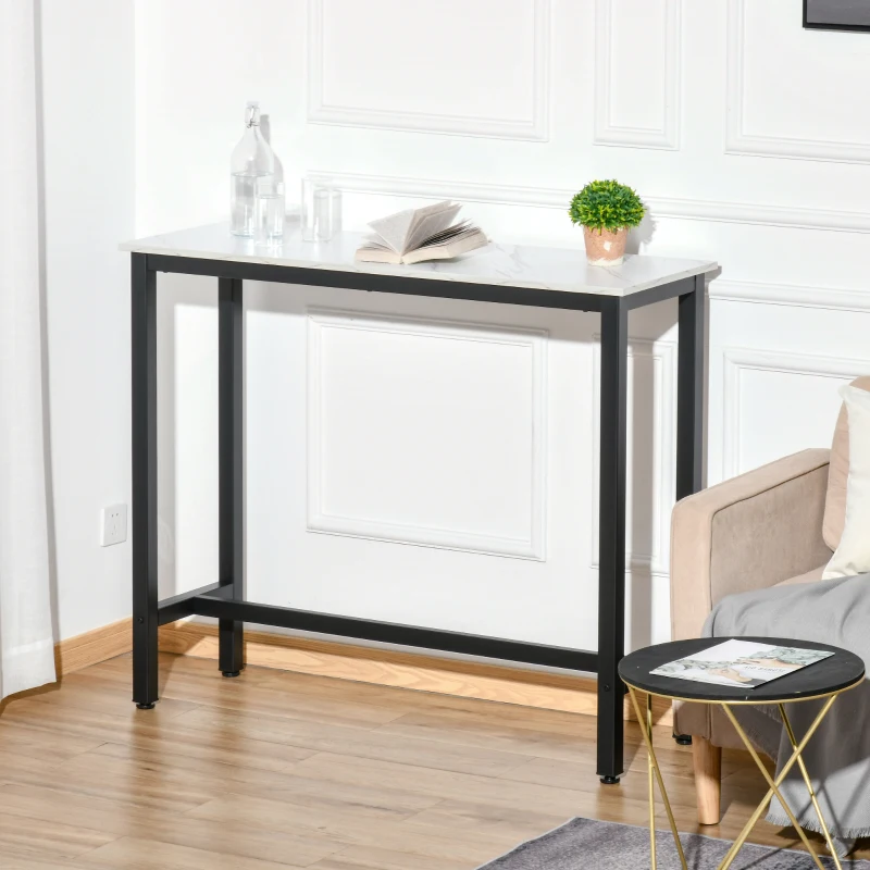 HOMCOM Table de Bar Table Haute de Cuisine Mange-debout - dim. 120L x 40l x 100H cm - châssis piètement Acier, Plateau Aspect marbre Blanc