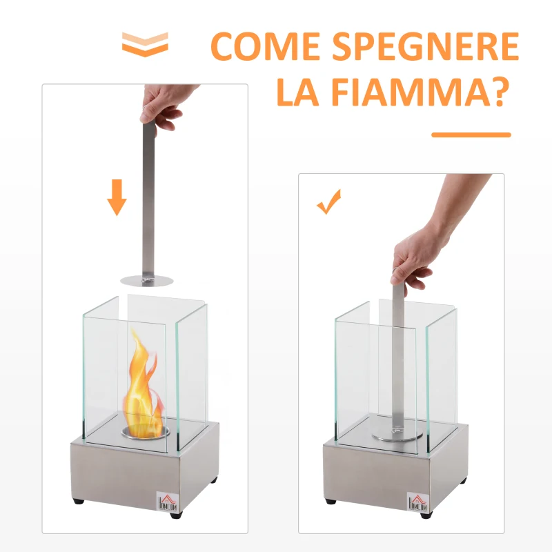 HOMCOM Camino a Bioetanolo da Tavolo con Bruciatore da 0.4L, Biocamino in Acciaio e Vetro per Interni ed Esterni, 20x20x33cm, Argento