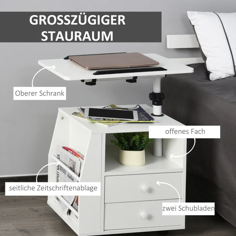 HOMCOM Beistellwagen, Beistelltisch, flexible Tischplatte, 2 Schubladen, Zeitungsfach, 4 Räder, weiß, 60 x 40 x 90cm
